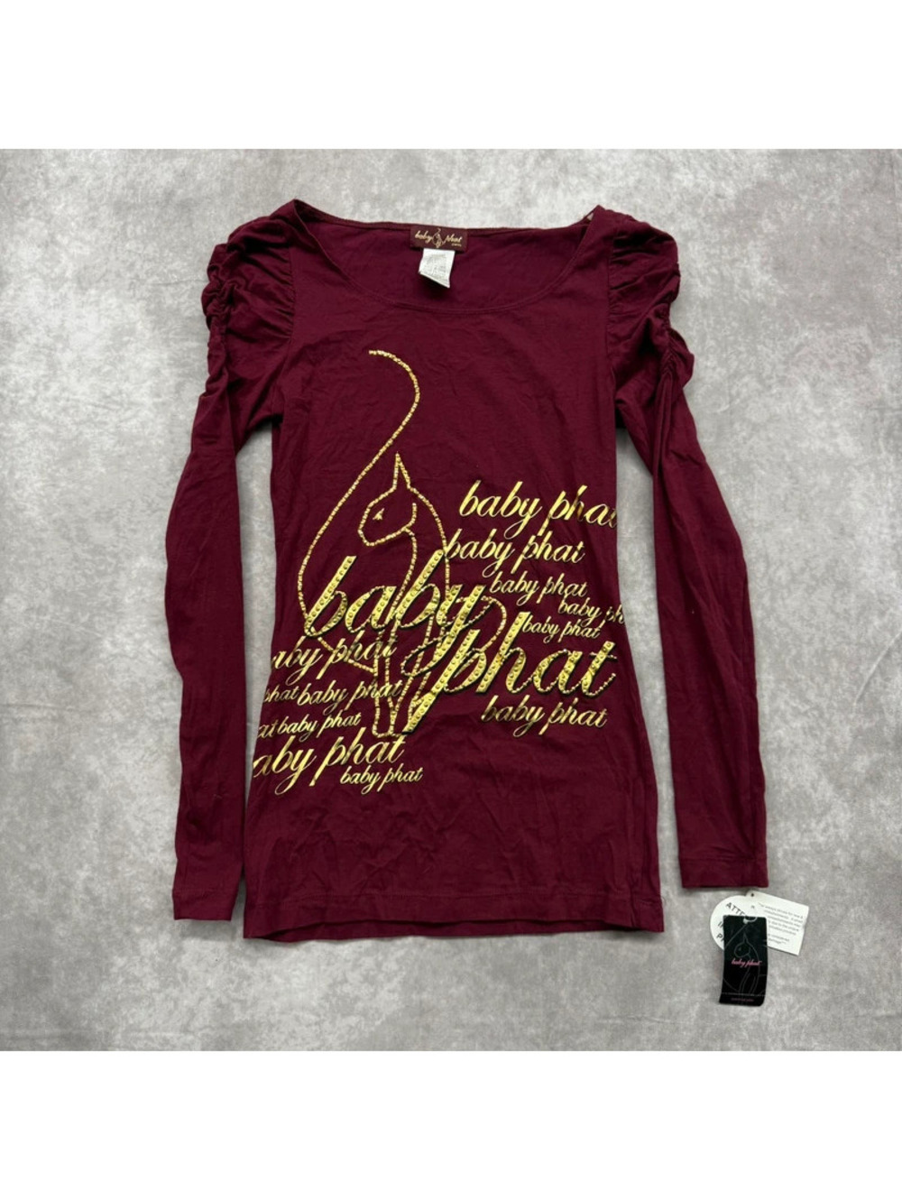 Vintage Y2K Baby Phat Burgundy Gold Rhinestone Puff Sleeve Top Size Small NWT
